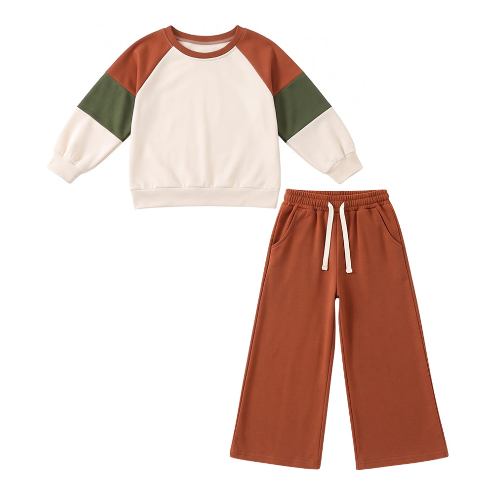 Baby Girls Brown Olive Patchwork Shirt Pockets Flare Pant Cotton Clothes Set Preorder
