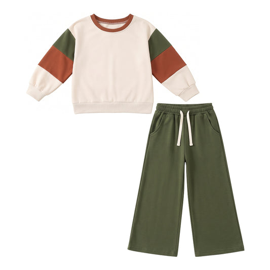 Baby Girls Olive Brown Patchwork Shirt Pockets Flare Pant Cotton Clothes Set Preorder