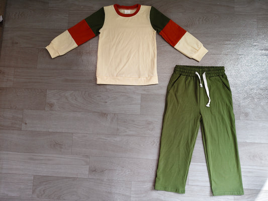 Baby Girls Olive Brown Patchwork Shirt Pockets Flare Pant Cotton Clothes Set Preorder