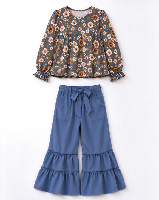 Baby Girls Small Daisy Flowers Top Pockets Bell Bottom Pant Fall Clothes Set Preorder
