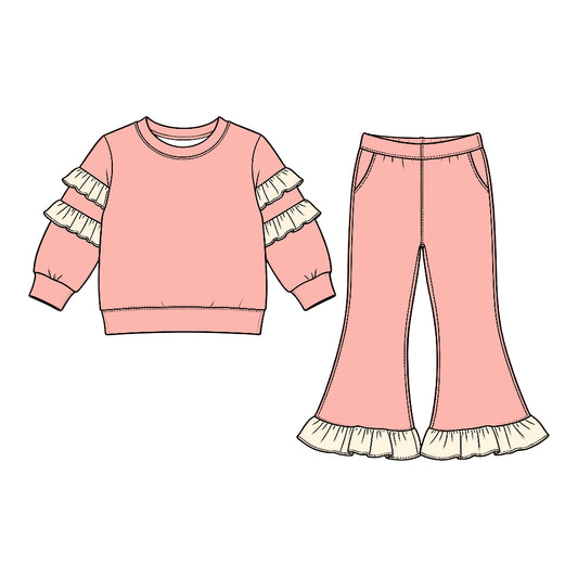 Baby Girls Peach Long Sleeve Top Bell Bottom Ruffle Pant Clothes Set Preorder