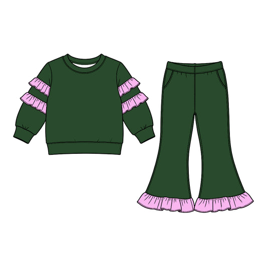 Baby Girls Green Long Sleeve Top Bell Bottom Ruffle Pant Clothes Set Preorder