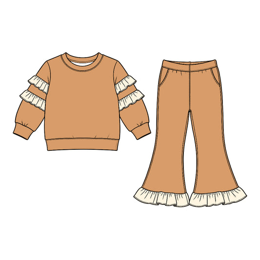 Baby Girls Khaki Long Sleeve Top Bell Bottom Ruffle Pant Clothes Set Preorder