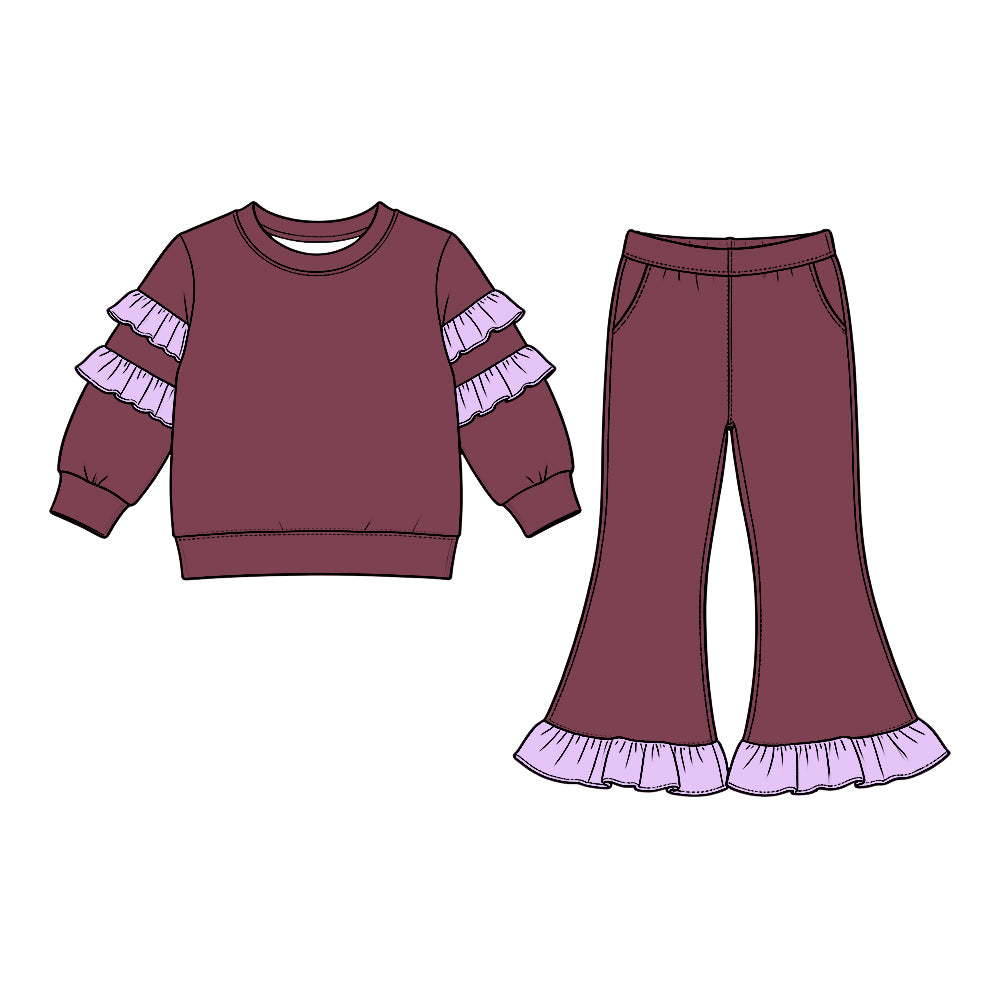 Baby Girls Maroon Long Sleeve Top Bell Bottom Ruffle Pant Clothes Set Preorder