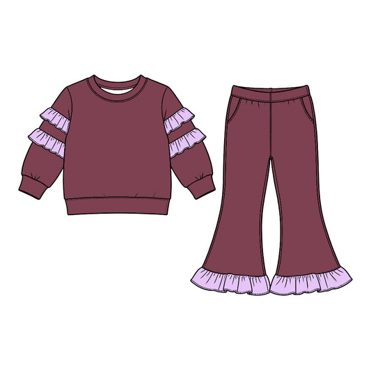 Baby Girls Maroon Long Sleeve Top Bell Bottom Ruffle Pant Clothes Set Preorder