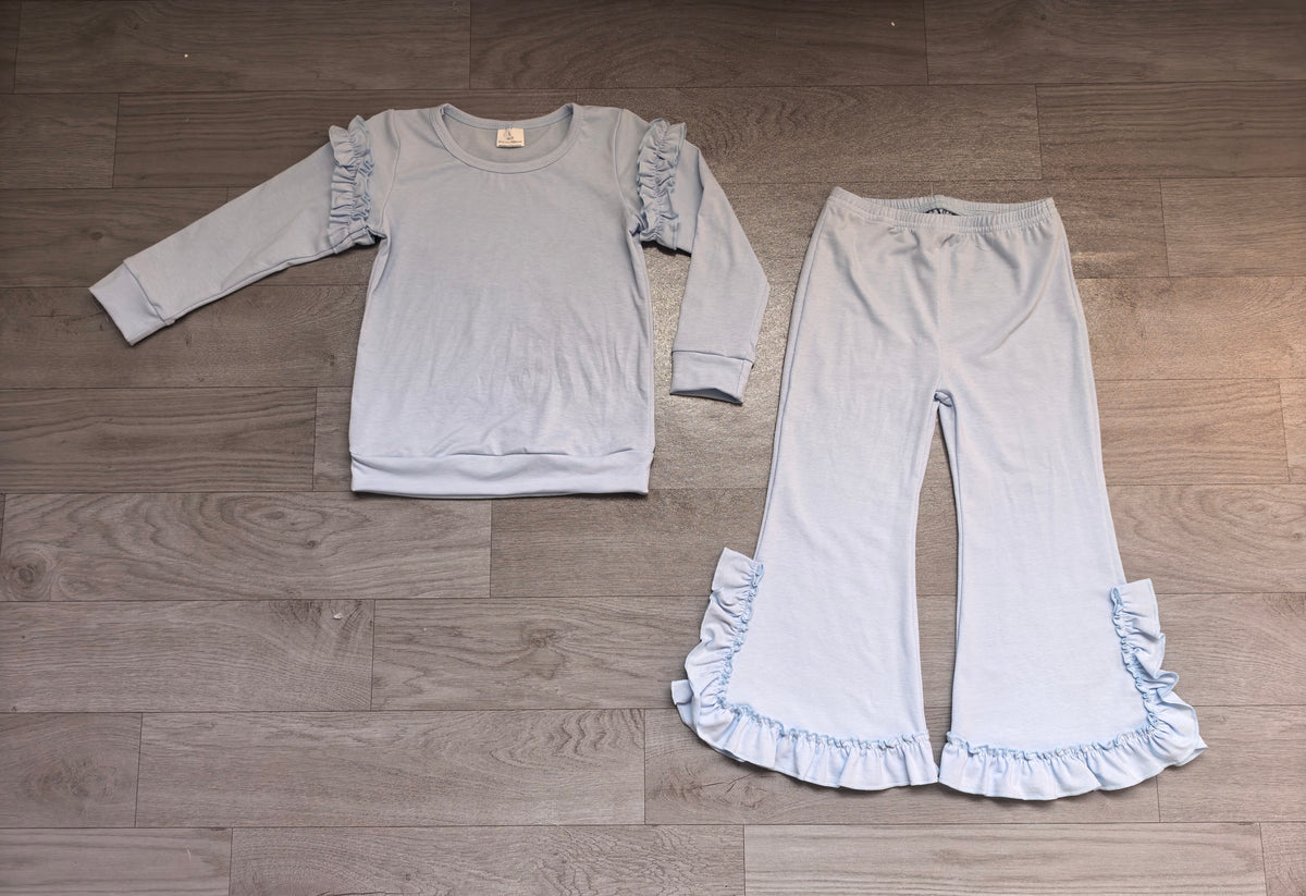 Baby Girls Light Blue Top Ruffle Bows Flare Pant Clothes Set Preorder
