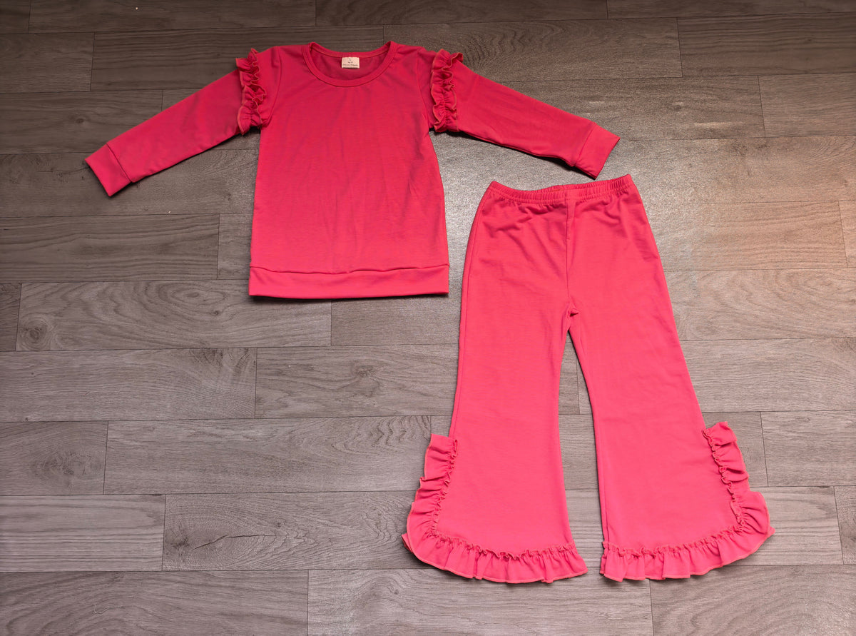 Baby Girls Hot Pink Long Sleeve Top Bell Bottom Ruffle Pant Clothes Set Preorder
