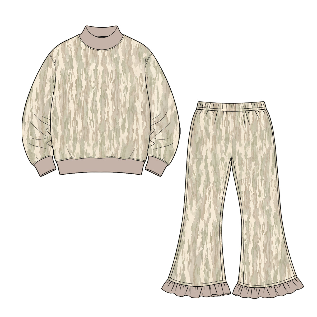 Baby Girls Khaki Camo Choker Shirts Top Ruffle Flare Pant Clothes Sets Preorder