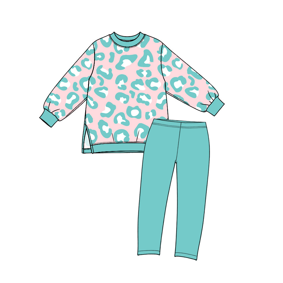 Preorder moq 5 Baby Girls Pink Blue Leopard Top Leggings Yoga Active Clothes Sets