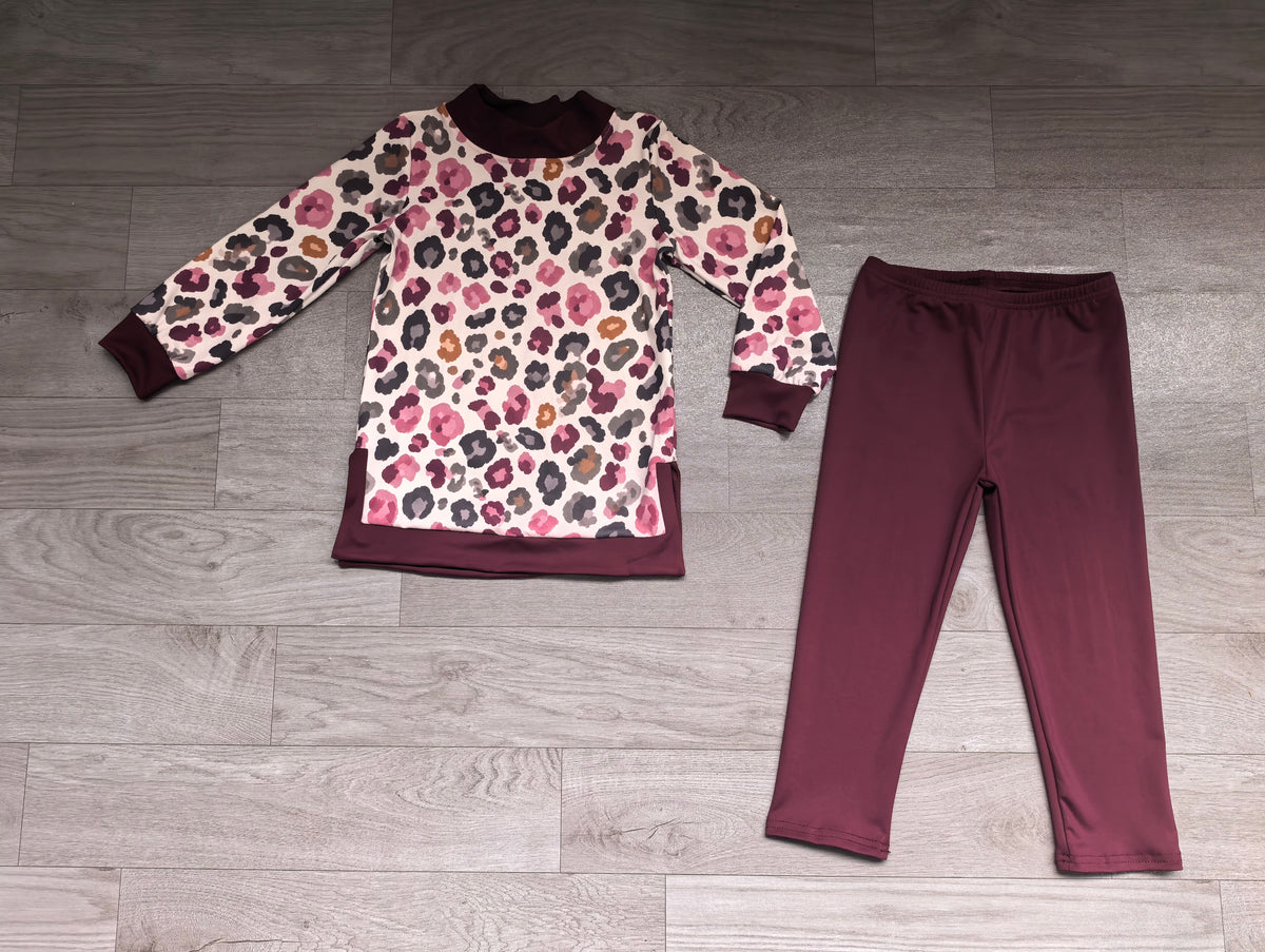 Baby Girls Maroon Green Leopard Top Leggings Yoga Active Clothes Sets Preorder