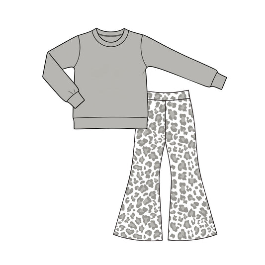 Baby Girls Grey Long Sleeve Top Leopard Flare Pant Clothes Sets Preorder
