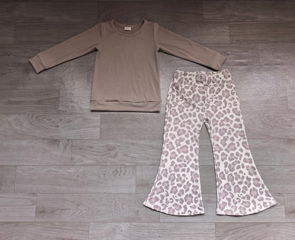 Baby Girls Grey Long Sleeve Top Leopard Flare Pant Clothes Sets Preorder