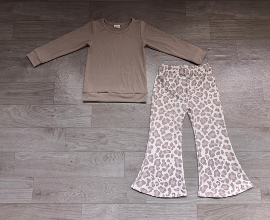 Baby Girls Grey Long Sleeve Top Leopard Flare Pant Clothes Sets Preorder