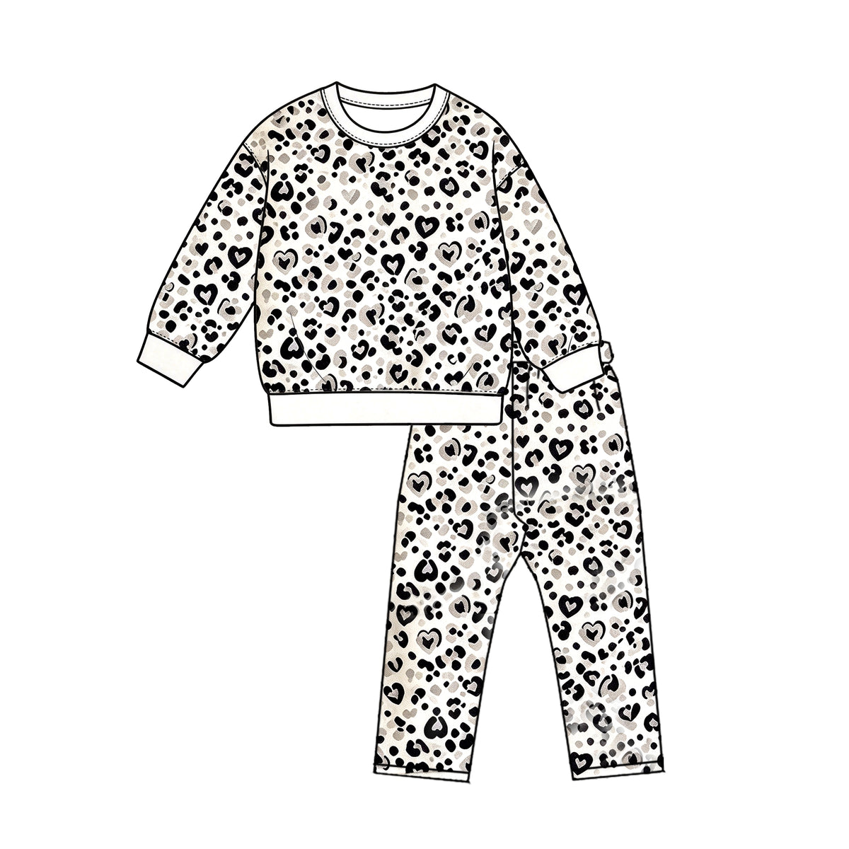 Preorder moq 5 Baby Girls Black Leopard Hearts Top Pant Valentines Pajamas Sets