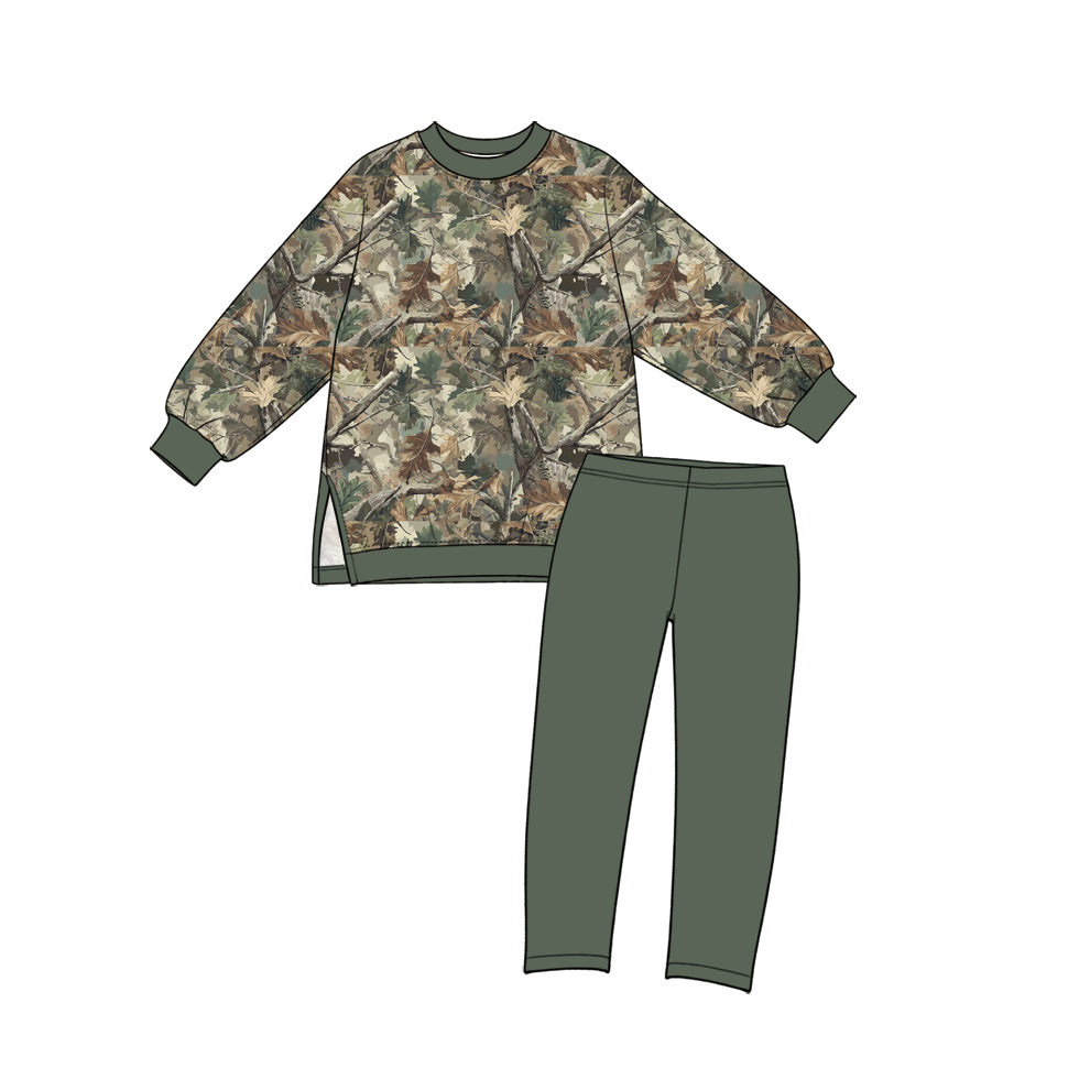 Preorder moq 5 Baby Girls Olive Leaves Camo Top Leggings Yoga Active Clothes Sets