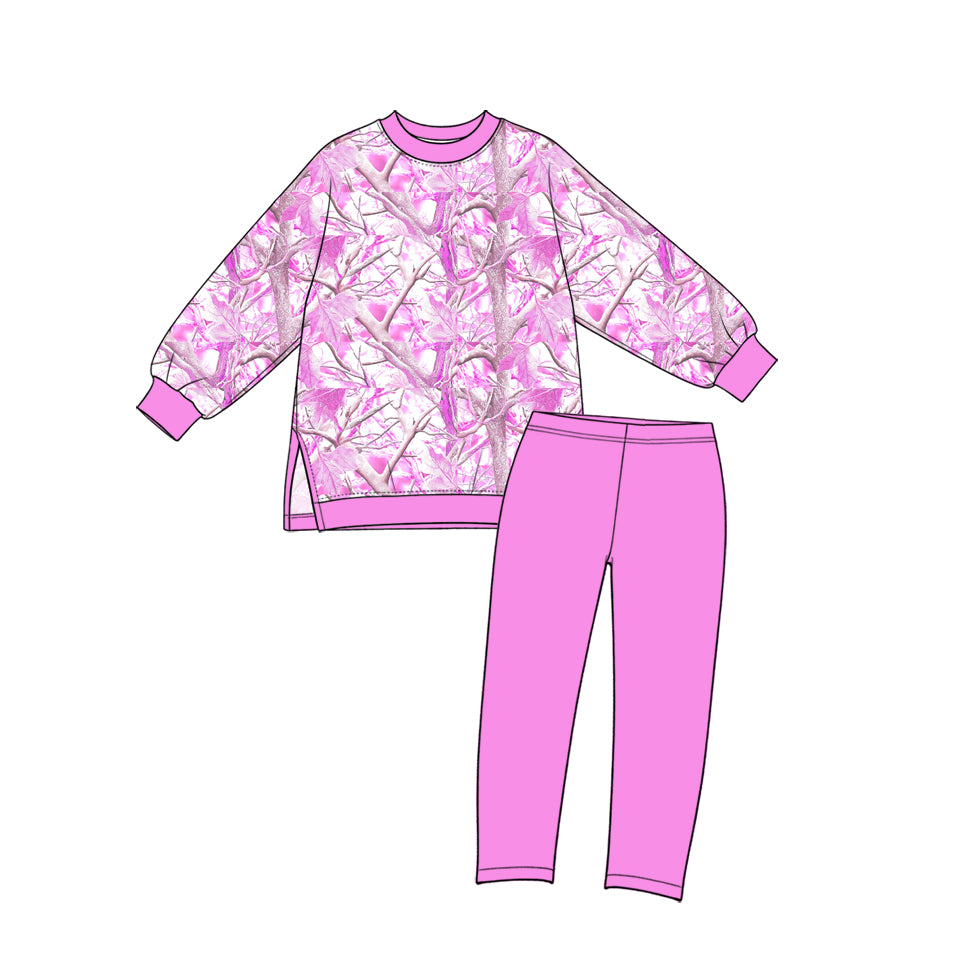 Preorder moq 5 Baby Girls Pink Leaves Camo Top Leggings Yoga Active Clothes Sets
