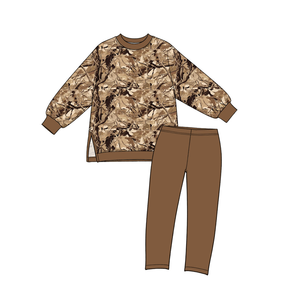 Preorder moq 5 Baby Girls Brown Leaves Camo Top Leggings Yoga Active Clothes Sets