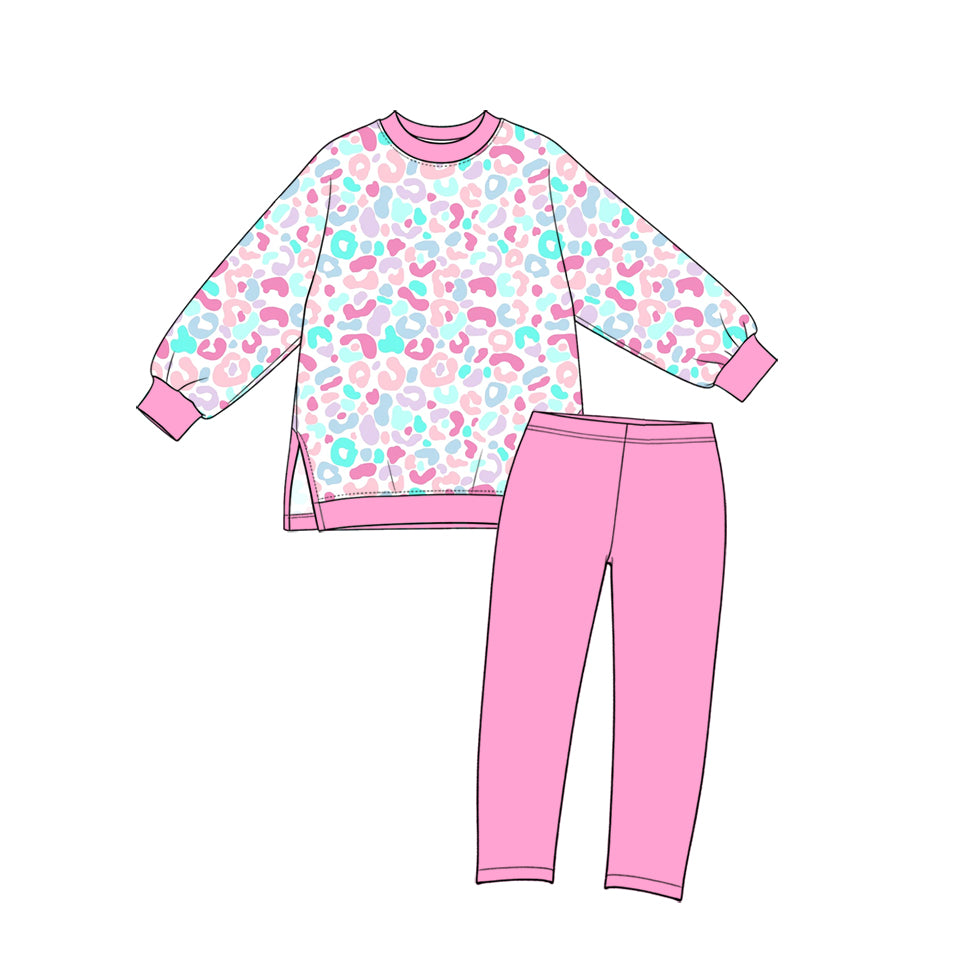 Preorder moq 5 Baby Girls Pink Blue Leopard Top Leggings Yoga Active Clothes Sets