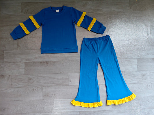 Baby Girls Blue Yellow Long Sleeve Top Pockets Ruffle Flare Pant Clothes Sets Preorder