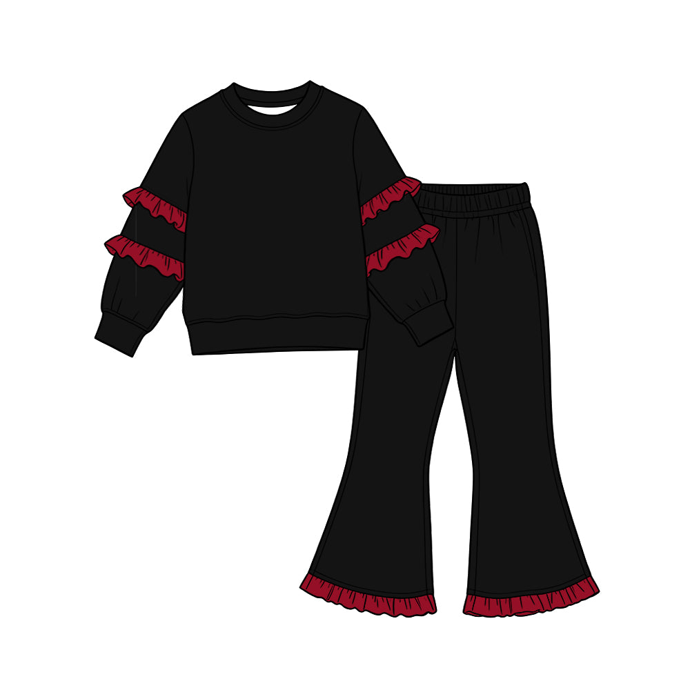 Preorder moq 5 Baby Girls Black Red Long Sleeve Top Pockets Ruffle Flare Pant Clothes Sets