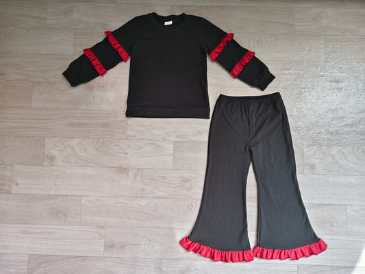 Baby Girls Black Red Long Sleeve Top Pockets Ruffle Flare Pant Clothes Sets Preorder