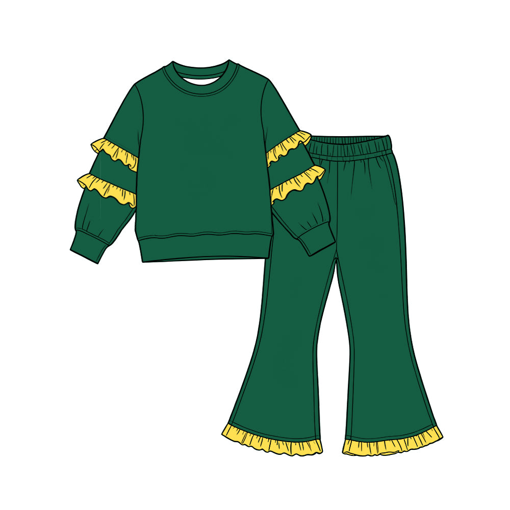 Preorder moq 5 Baby Girls Green Yellow Long Sleeve Top Pockets Ruffle Flare Pant Clothes Sets
