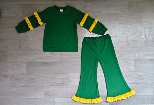 Baby Girls Green Yellow Long Sleeve Top Pockets Ruffle Flare Pant Clothes Sets Preorder