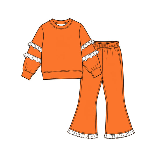 Preorder moq 5 Baby Girls Orange White Long Sleeve Top Pockets Ruffle Flare Pant Clothes Sets