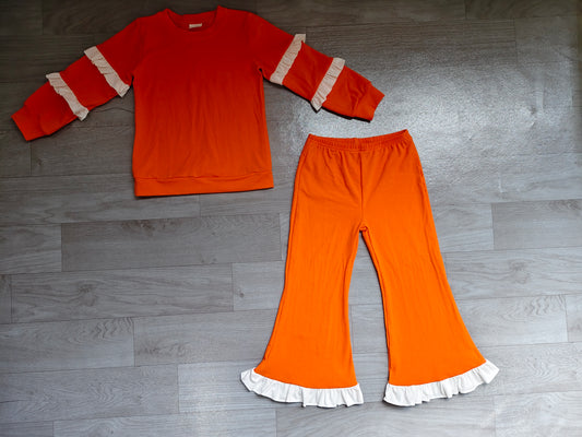 Baby Girls Orange White Long Sleeve Top Pockets Ruffle Flare Pant Clothes Sets Preorder