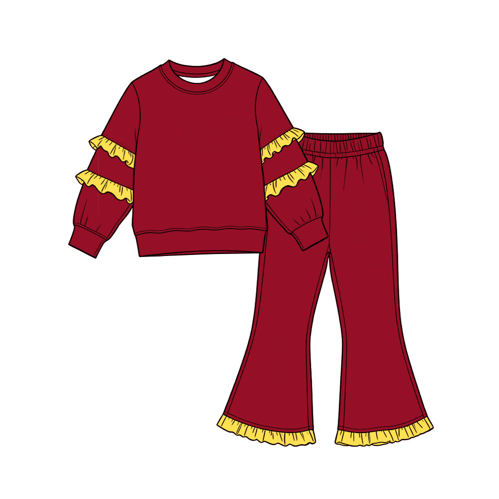 Preorder moq 5 Baby Girls Red Yellow Long Sleeve Top Pockets Ruffle Flare Pant Clothes Sets