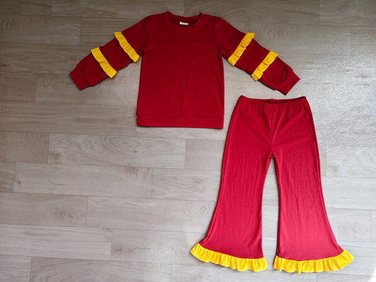 Baby Girls Red Yellow Long Sleeve Top Pockets Ruffle Flare Pant Clothes Sets Preorder