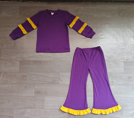 Baby Girls Purple Yellow Long Sleeve Top Pockets Ruffle Flare Pant Clothes Sets Preorder