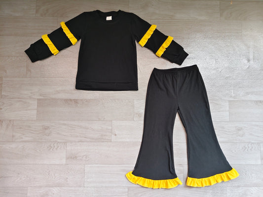 Baby Girls Black Yellow Long Sleeve Top Pockets Ruffle Flare Pant Clothes Sets Preorder