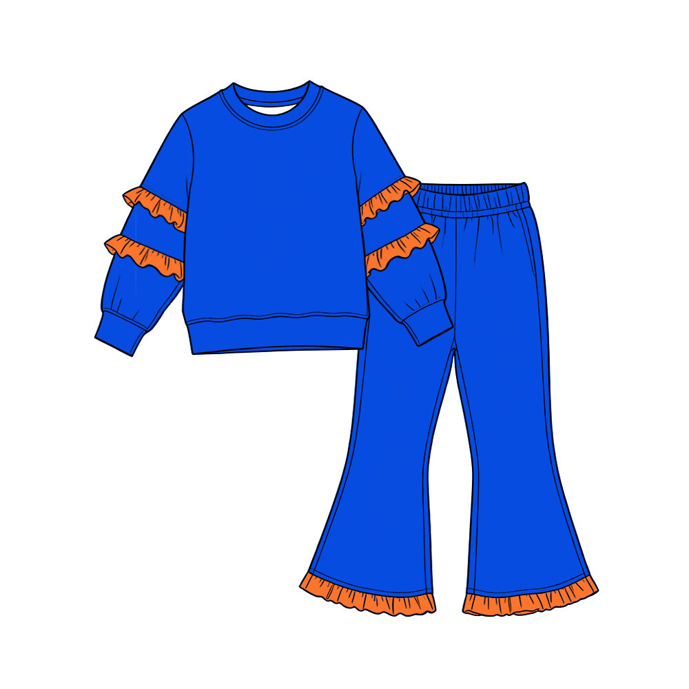 Preorder moq 5 Baby Girls Blue Orange Long Sleeve Top Pockets Ruffle Flare Pant Clothes Sets