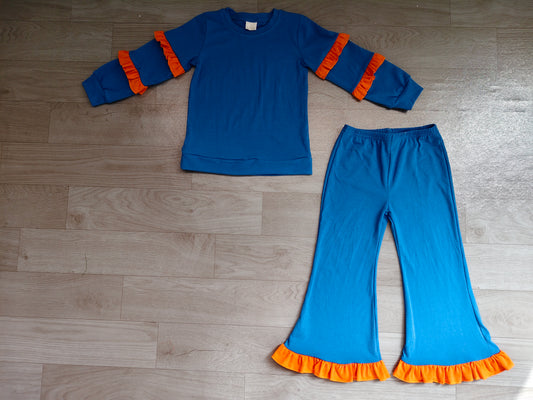 Baby Girls Blue Orange Long Sleeve Top Pockets Ruffle Flare Pant Clothes Sets Preorder