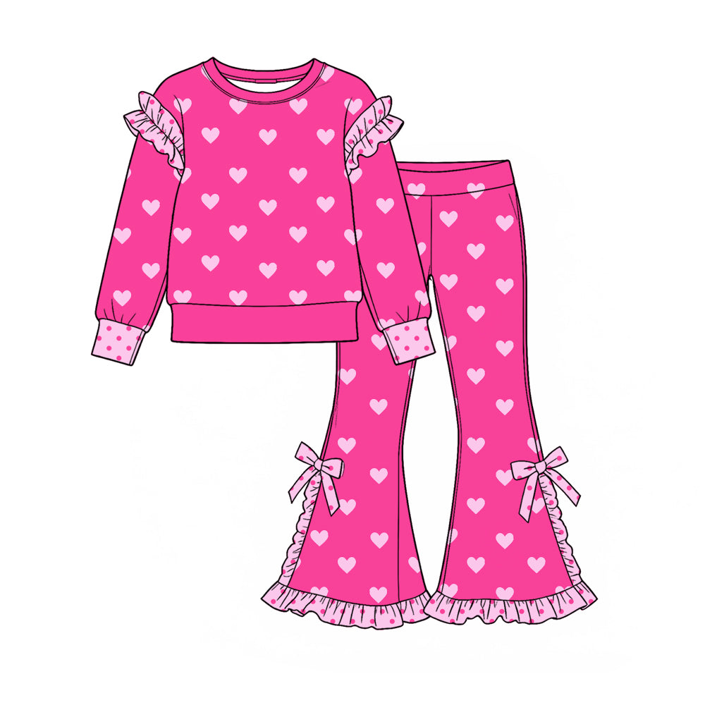 Preorder moq 5 Baby Girls Long Sleeve Hearts Top Ruffle Flare Pant Valentines Clothes Sets