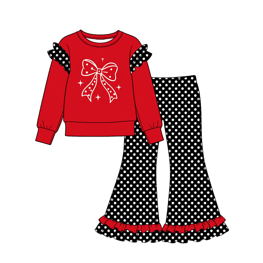 Preorder moq 5 Baby Girls Red Bows Shirt Polka Dots Ruffle Flare Pant Clothes Set