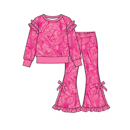 Preorder moq 5 Baby Girls Pink Leaves Top Ruffle Bows Flare Pant Clothes Set