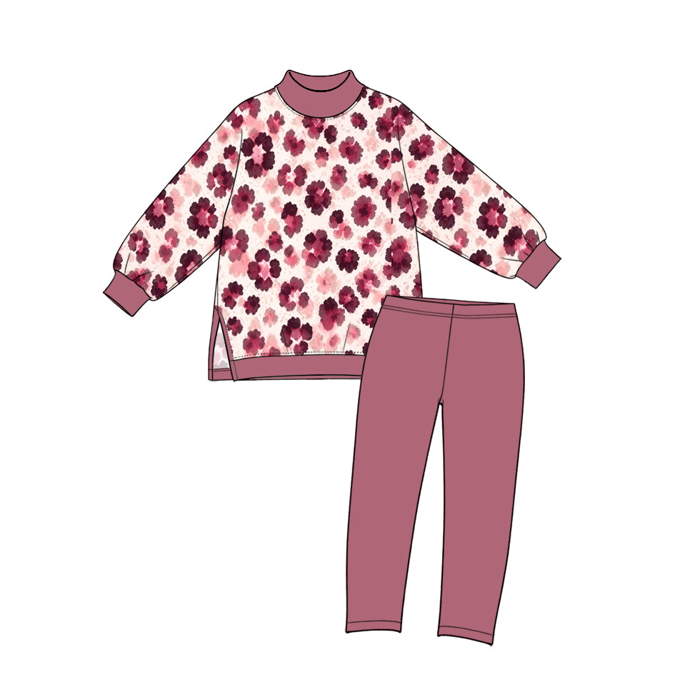 Preorder moq 5 Baby Girls Pink Flower Leopard Choker Top Leggings Yoga Active Clothes Sets