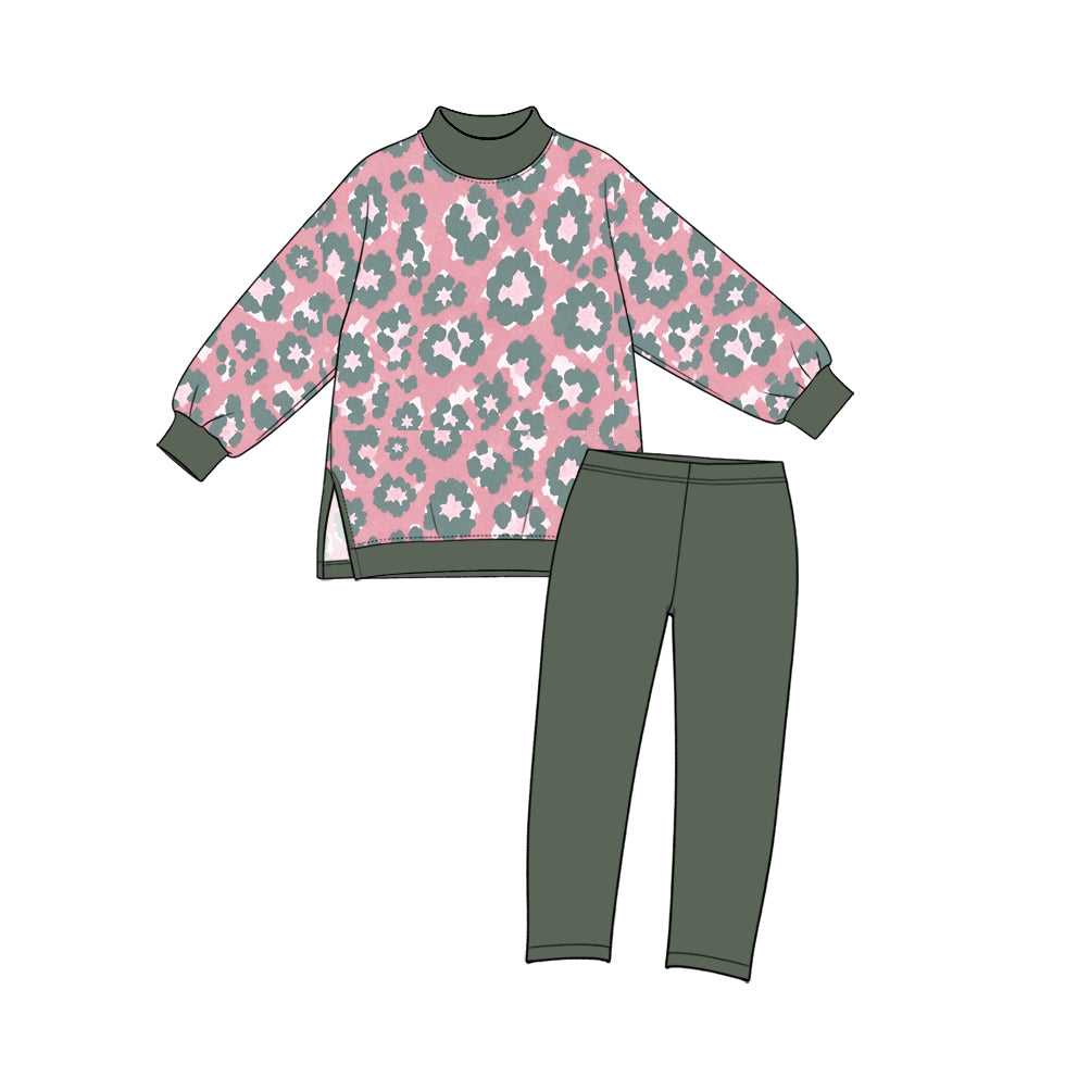 Preorder moq 5 Baby Girls Green Flower Leopard Choker Top Leggings Yoga Active Clothes Sets