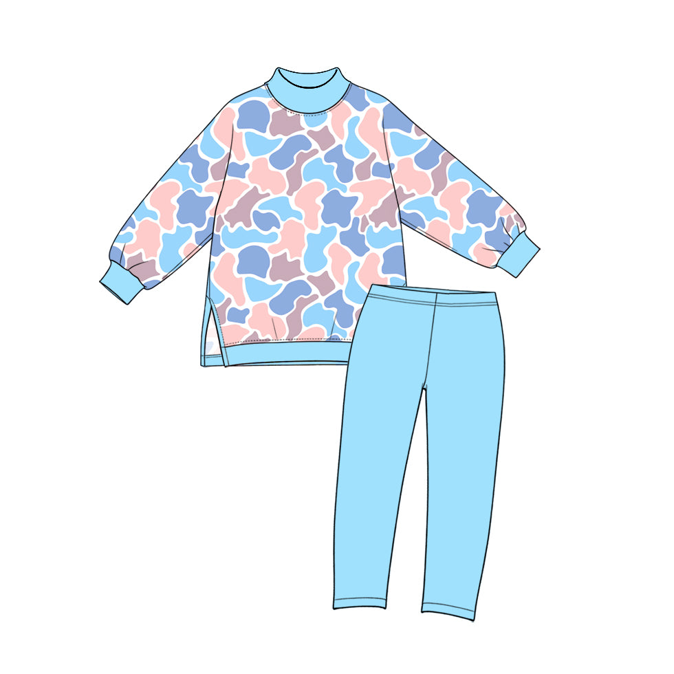Preorder moq 5 Baby Girls Blue Pink Camo Choker Top Leggings Yoga Active Clothes Sets
