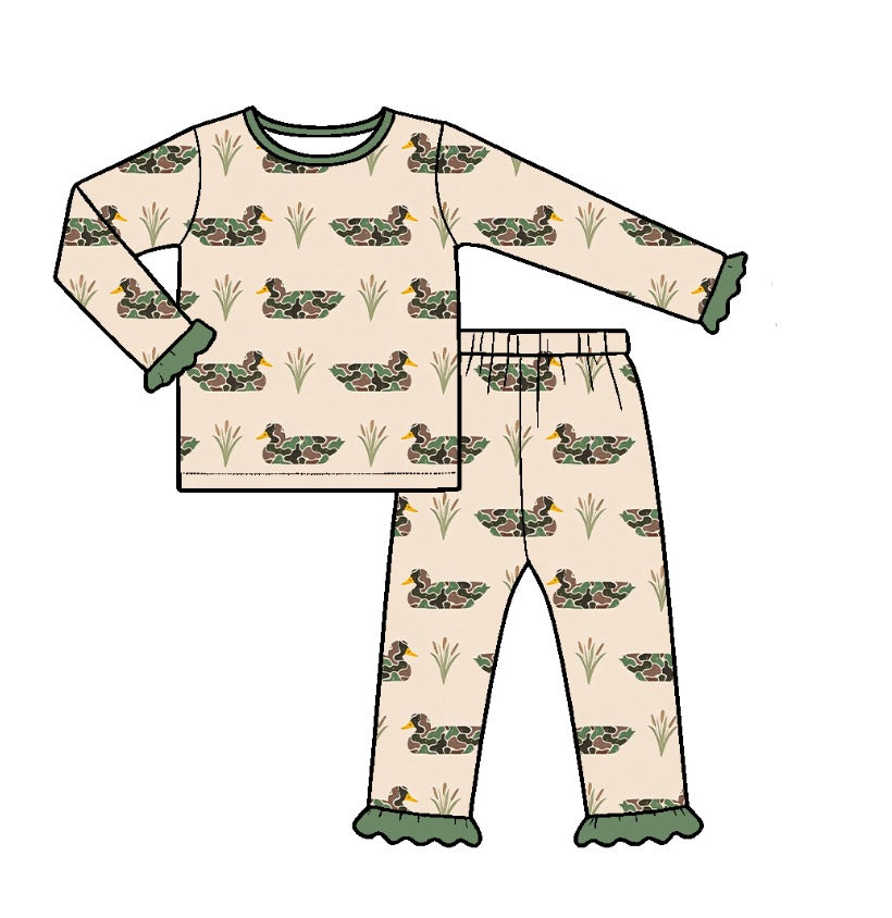 Preorder moq 5 Baby Girls Camo Ducks Plaid Top Ruffle Pant Hunting Pajamas Set