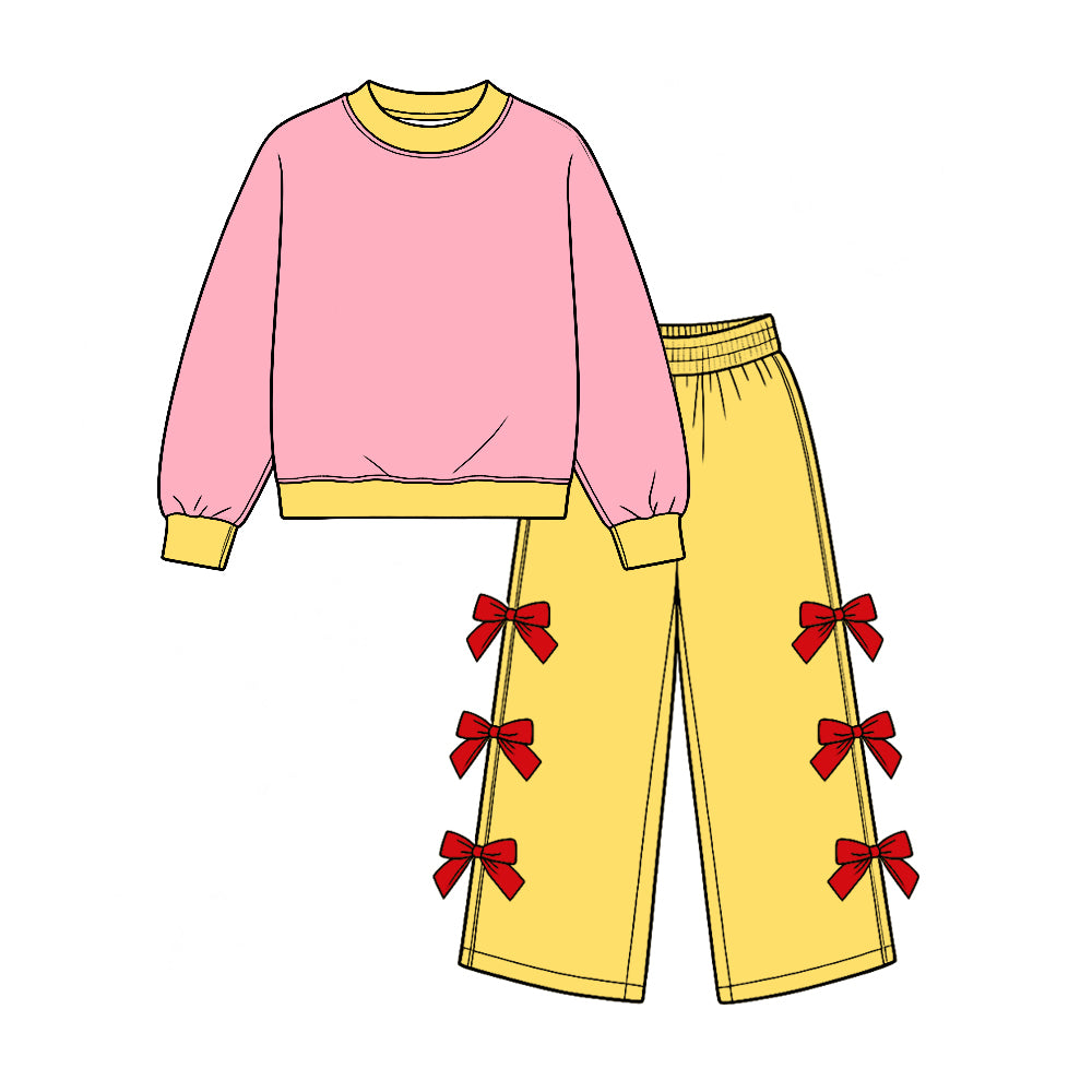 Preorder moq 5 Baby Girls Yellow Pink Shirt Top Bows Flare Pant Clothes Set
