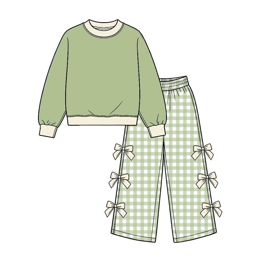Preorder moq 5 Baby Girls Green Shirt Top Checked Bows Flare Pant Clothes Set