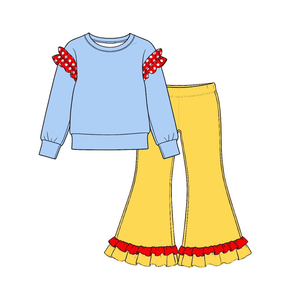 Preorder moq 5 Baby Girls Blue Long Sleeve Shirts Yellow Ruffle Flare Pant Cotton Clothes Set