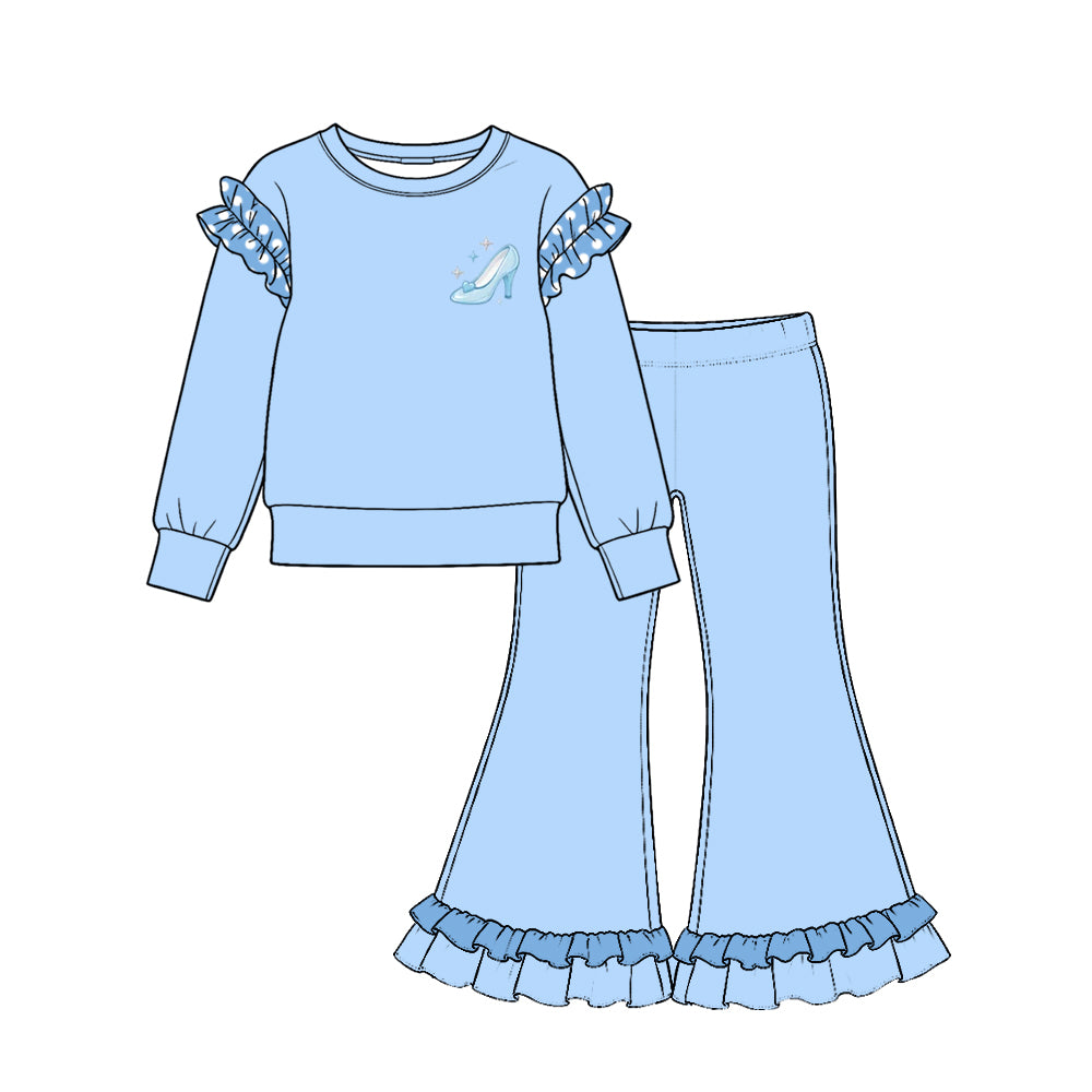 Preorder moq 5 Baby Girls Blue High-heeled Shoes Shirts Ruffle Flare Pant Cotton Clothes Set