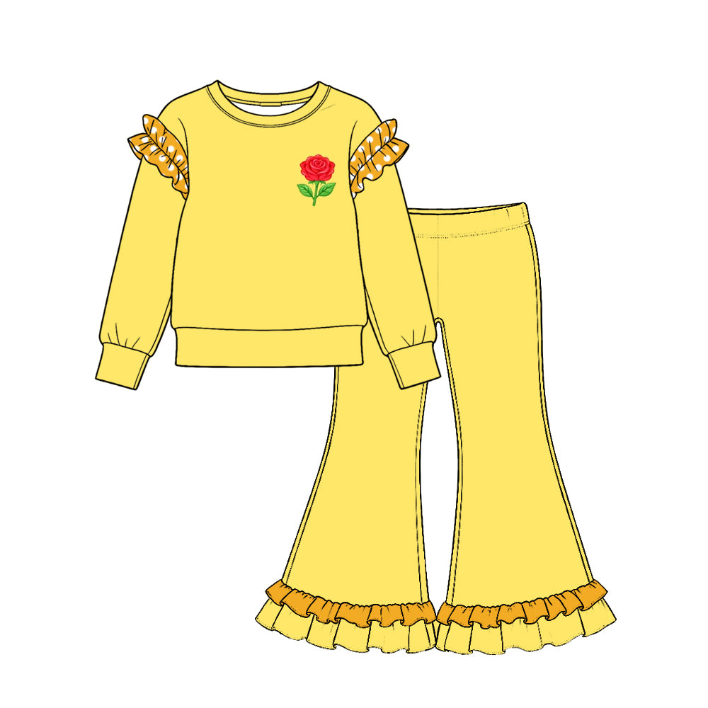 Preorder moq 5 Baby Girls Yellow Flowers Shirts Ruffle Flare Pant Cotton Clothes Set