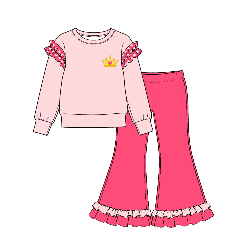 Preorder moq 5 Baby Girls Pink Crowns Shirts Ruffle Flare Pant Cotton Clothes Set