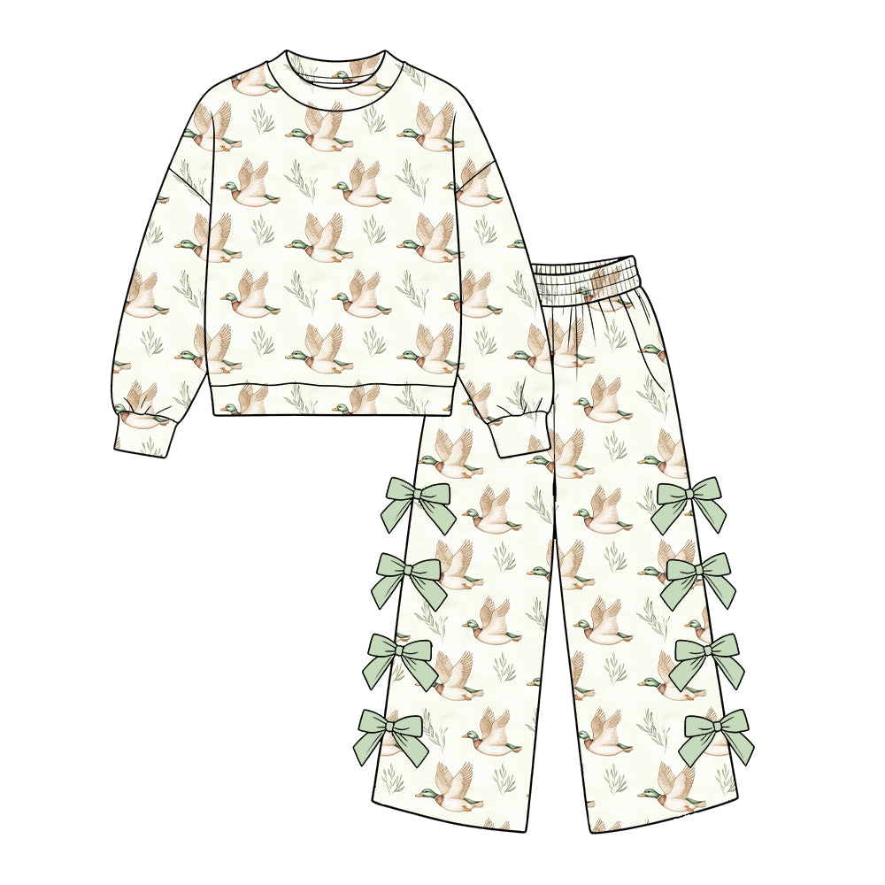 Preorder moq 5 Baby Girls Ducks Plaid Top Pockets Bows Flare Pant Hunting Clothes Set