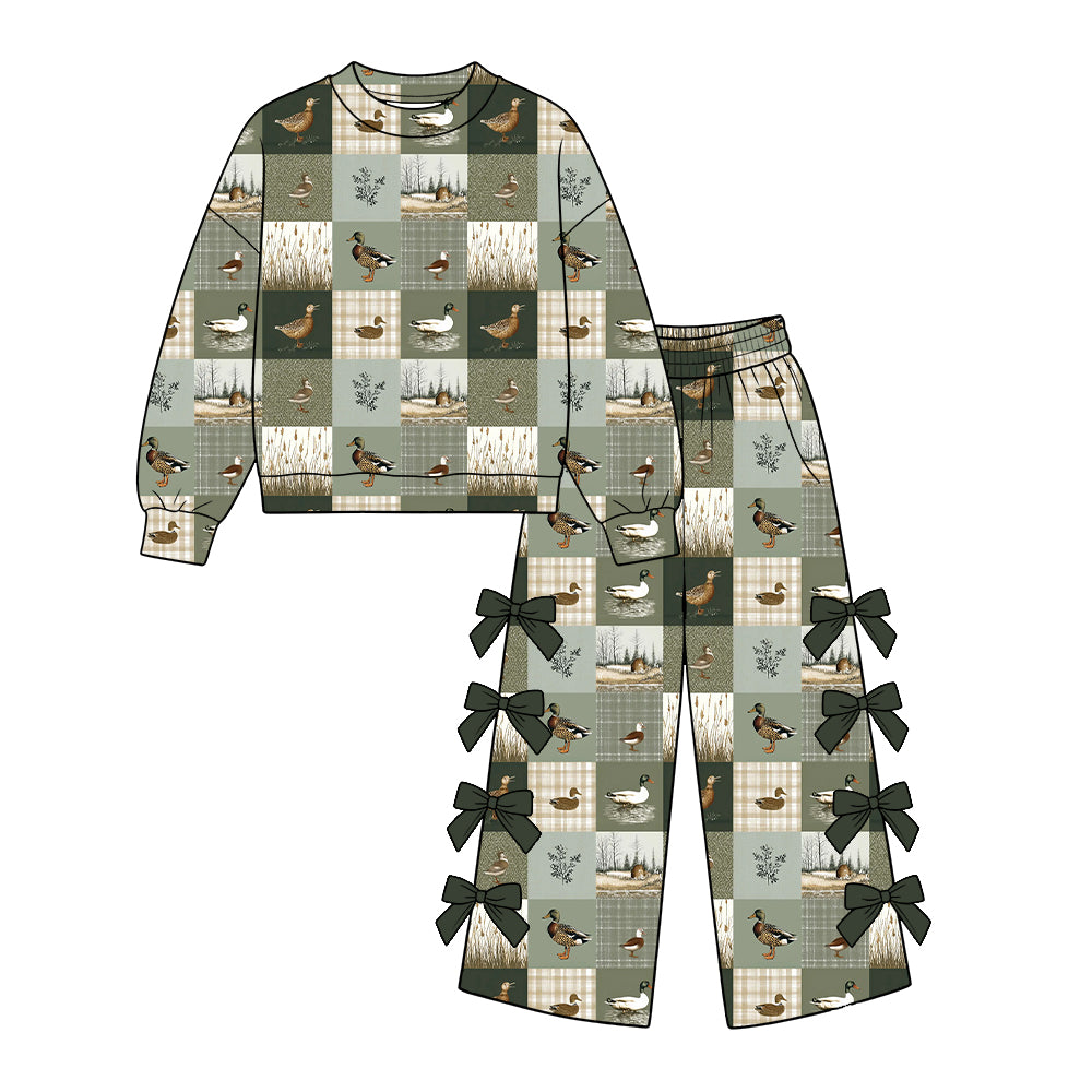 Preorder moq 5 Baby Girls Ducks Checked Top Pockets Bows Flare Pant Hunting Clothes Set